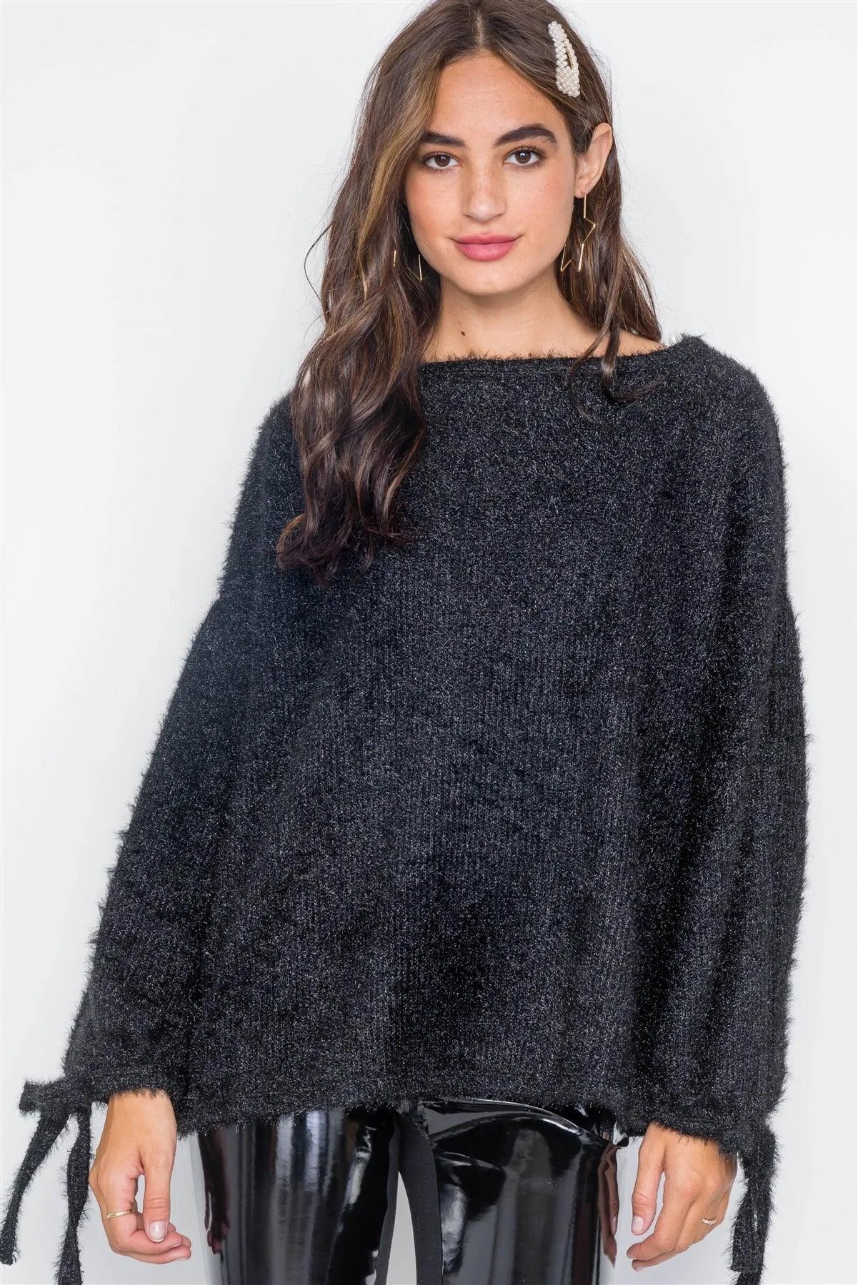 Black Fuzzy Slit Sleeves Casual Soft Sweater / 2-2-2