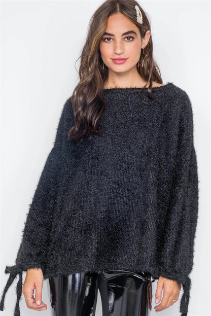 Black Fuzzy Slit Sleeves Casual Soft Sweater / 2-2-2