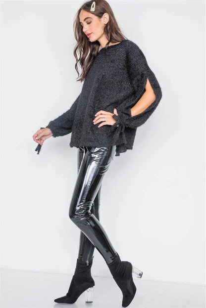 Black Fuzzy Slit Sleeves Casual Soft Sweater / 2-2-2