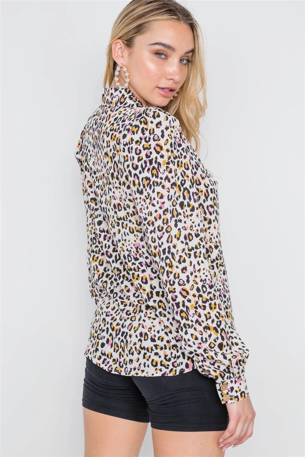 Beige Pink Animal Print Button Down Top /2-2-2