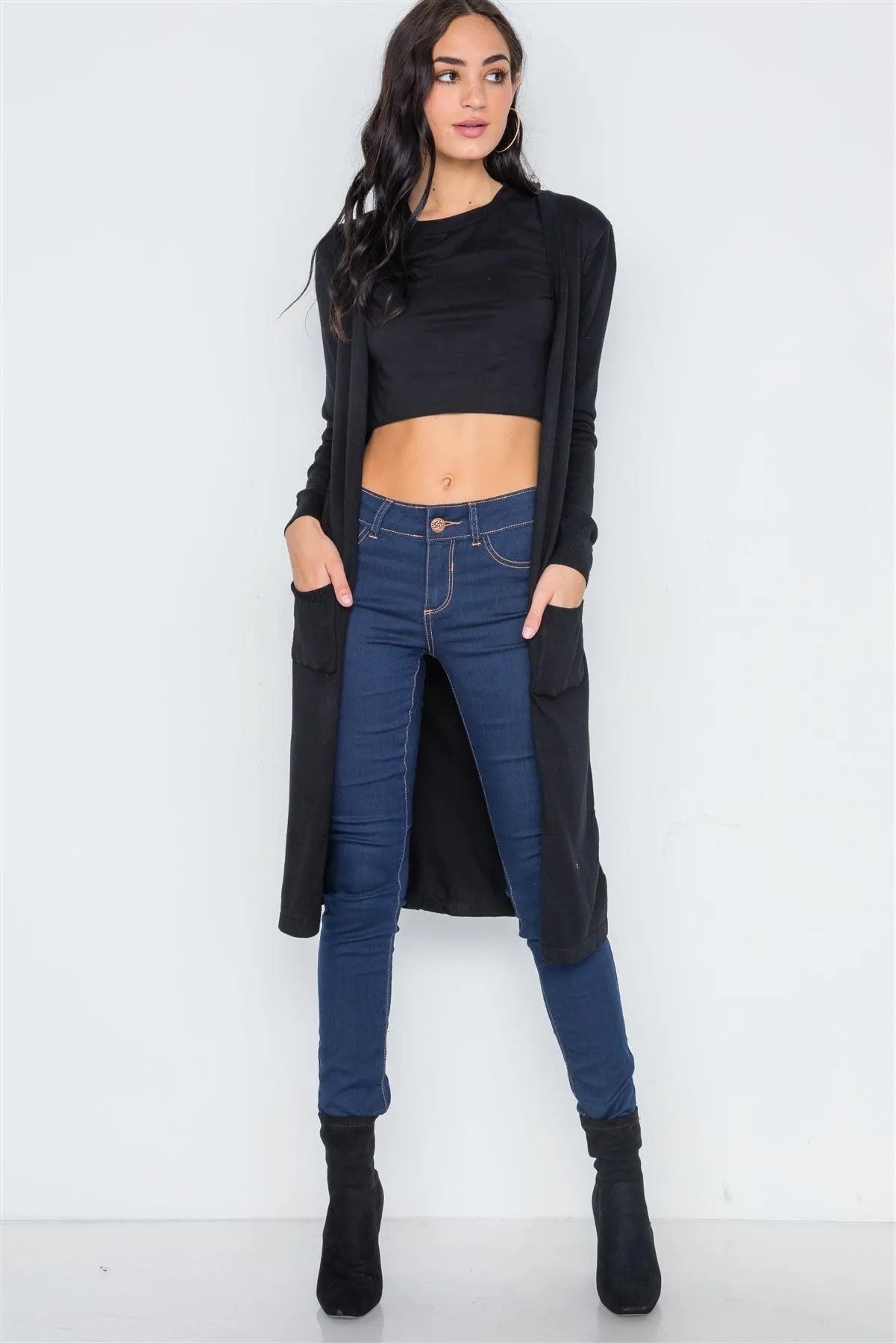 Black Button Front Longline Cardigan
