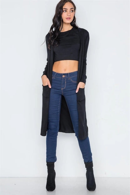 Black Button Front Longline Cardigan
