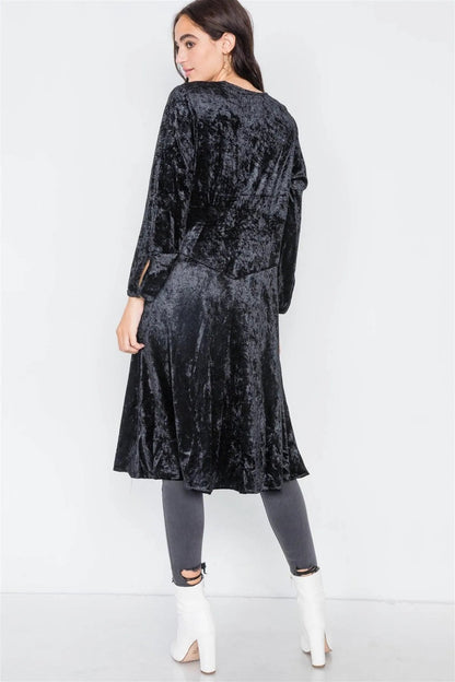 Black Crushed Velvet Open Front Tie Jacket /3-2-1