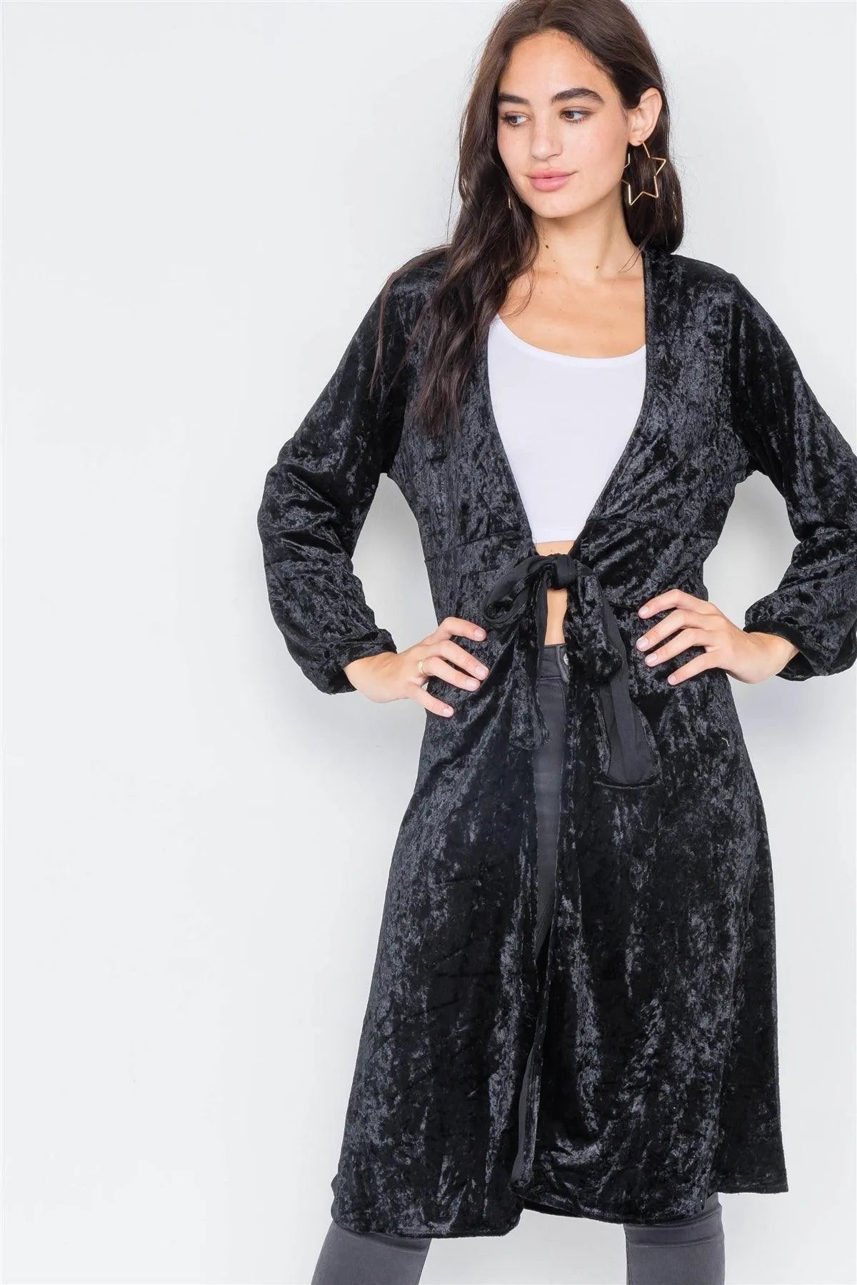 Black Crushed Velvet Open Front Tie Jacket /3-2-1