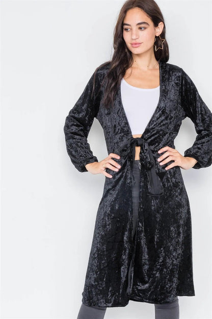 Black Crushed Velvet Open Front Tie Jacket /3-2-1