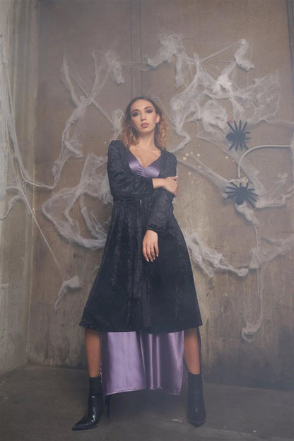 Black Crushed Velvet Open Front Tie Jacket /3-2-1