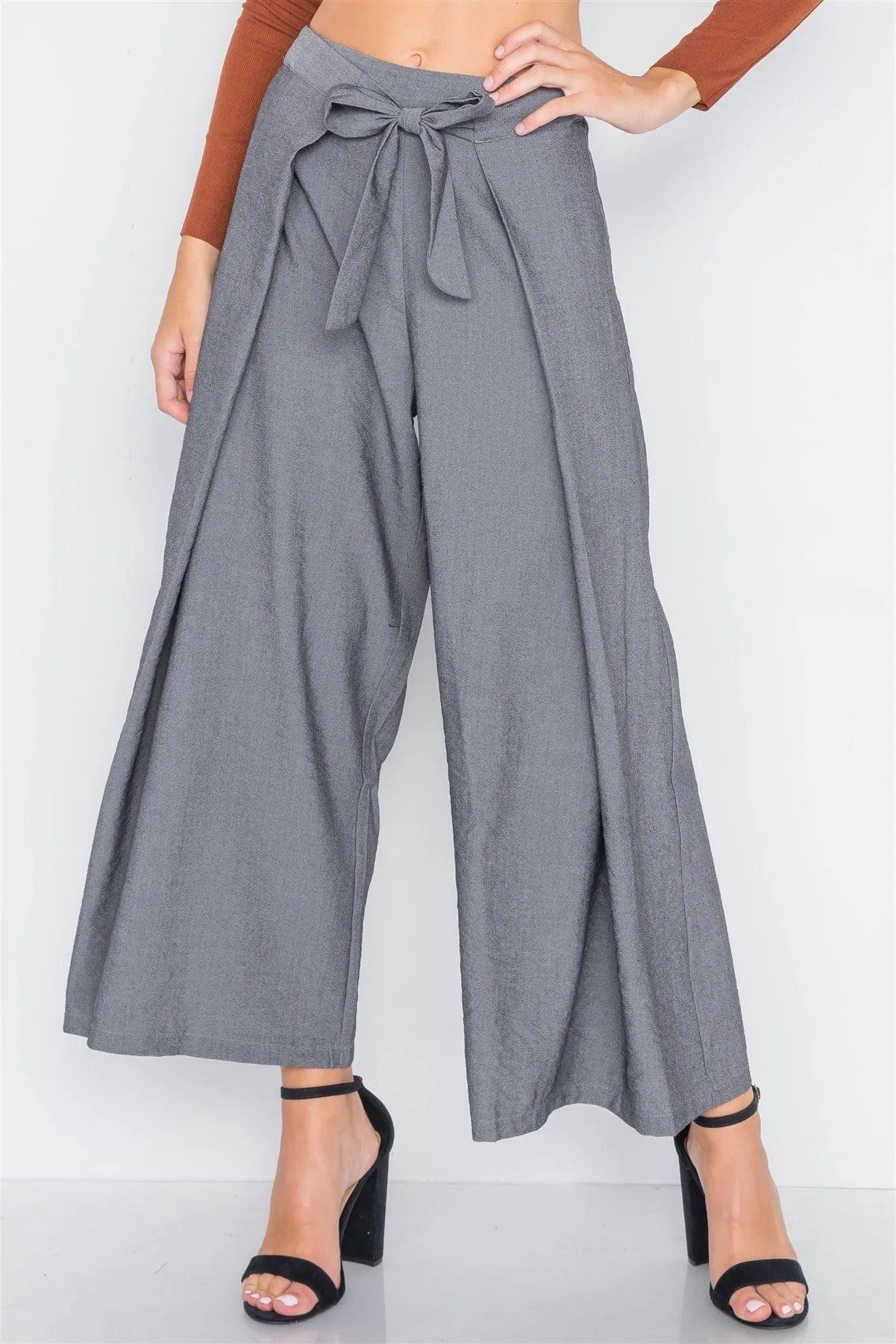 Ash Grey High-Waist Front-Tie Wide Leg Pants /3-2-1