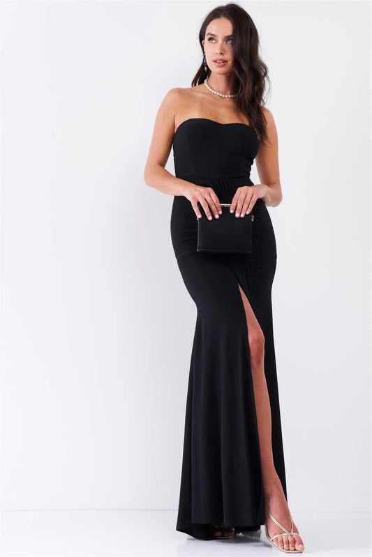 Black Heart Shaped Bust Strapless Deep Front Slip Draped Front Maxi Dress /3-2-1
