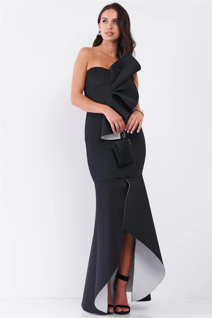 Black And White Draped Front Strapless Front Slip Mermaid Maxi Dress /3-2-1