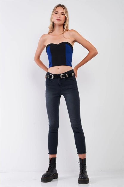 Black & Blue Colorblock Sweetheart Strap/Strapless Convertible Cropped Top /1-2-2-1