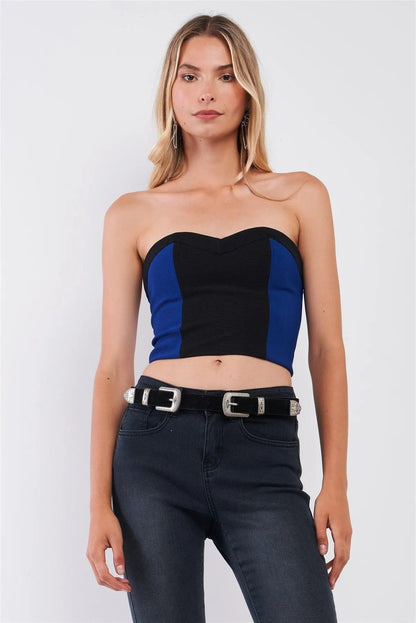 Black & Blue Colorblock Sweetheart Strap/Strapless Convertible Cropped Top /1-2-2-1