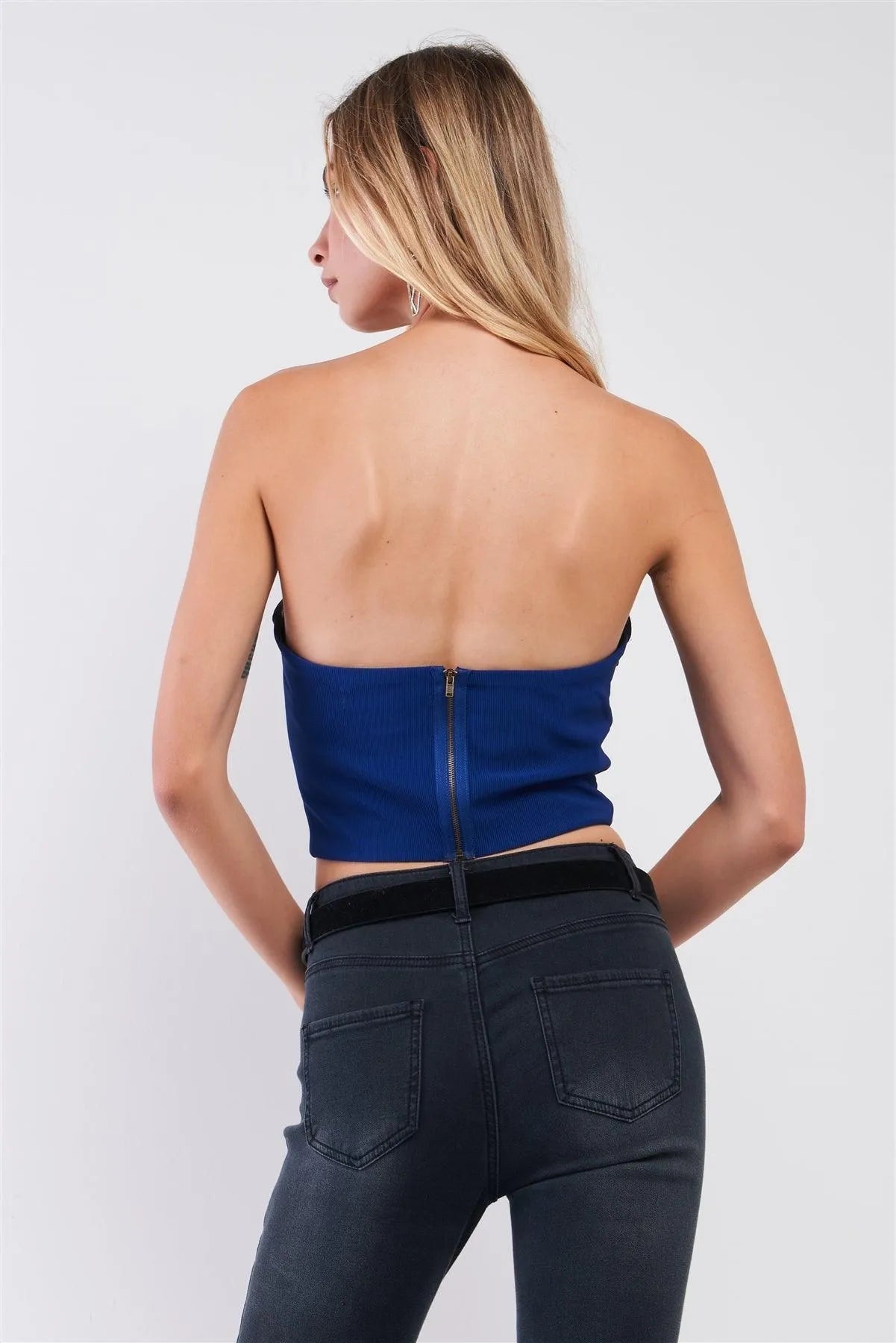 Black & Blue Colorblock Sweetheart Strap/Strapless Convertible Cropped Top /1-2-3