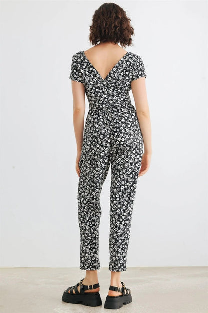 Black & White Floral Wrap Neck & Back Short Sleeve Two Pocket Jumpsuit /2-2-2