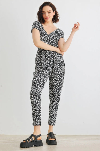 Black & White Floral Wrap Neck & Back Short Sleeve Two Pocket Jumpsuit /2-2-2