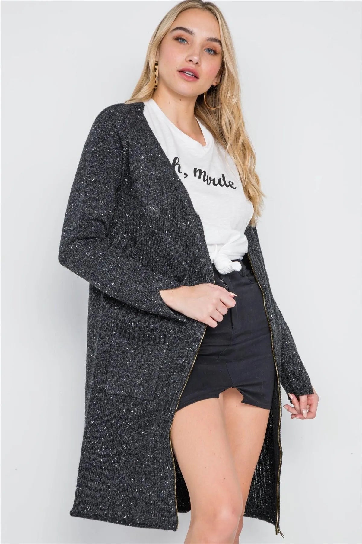 Black Heathered Long Sleeve Zip-Up Cardigan /2-2