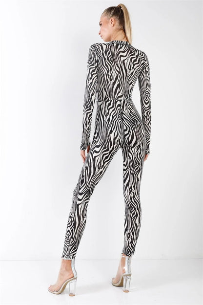 Black & White Zebra Print Long Sleeve High-Neck Front Zip Fitted Catsuit / Jumpsuit /2-2-2