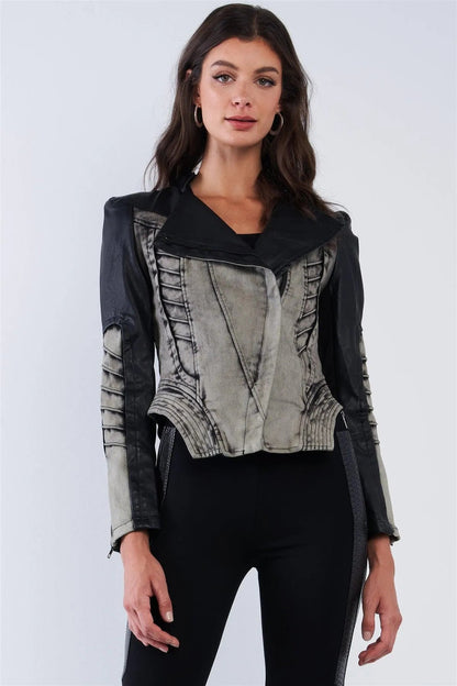 Black And Washed Grey Asymmetrical Ribbed Corset Inspired Oblique Zipper Moto Jacket /2-2-2