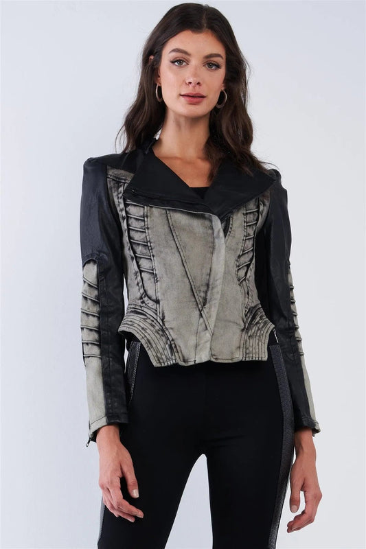 Black And Washed Grey Asymmetrical Ribbed Corset Inspired Oblique Zipper Moto Jacket /2-2-2