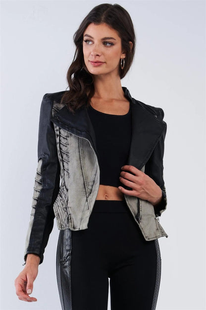 Black And Washed Grey Asymmetrical Ribbed Corset Inspired Oblique Zipper Moto Jacket /2-2-2