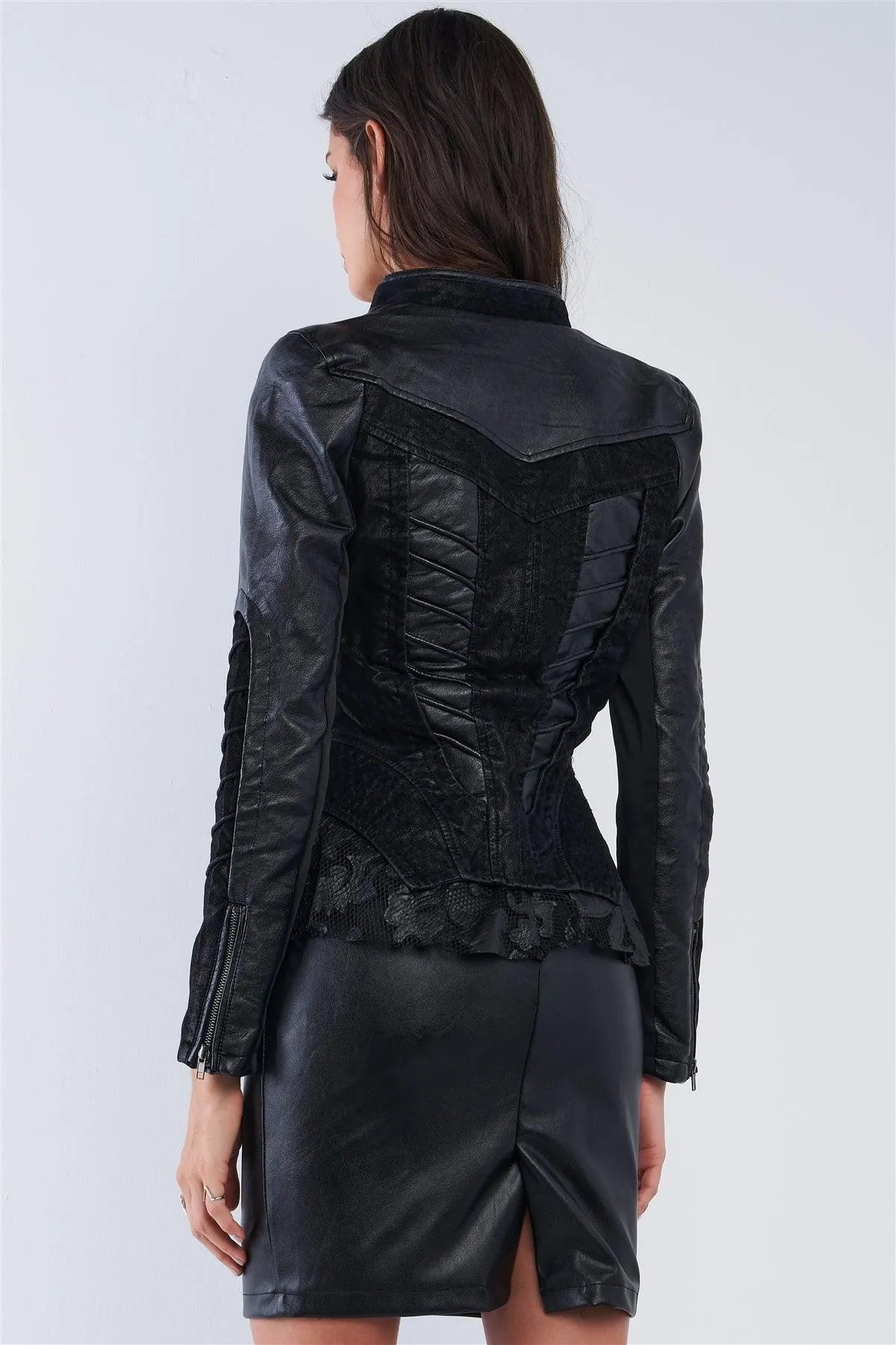 Black Asymmetrical Ribbed Corset Inspired Oblique Zipper Pleated Trim Moto Jacket /2-2-1
