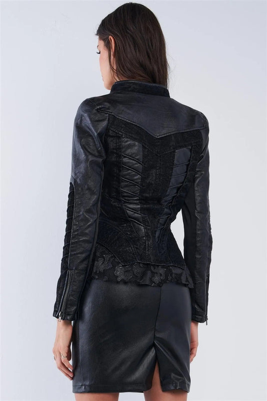 Black Asymmetrical Ribbed Corset Inspired Oblique Zipper Pleated Trim Moto Jacket /2-2-1