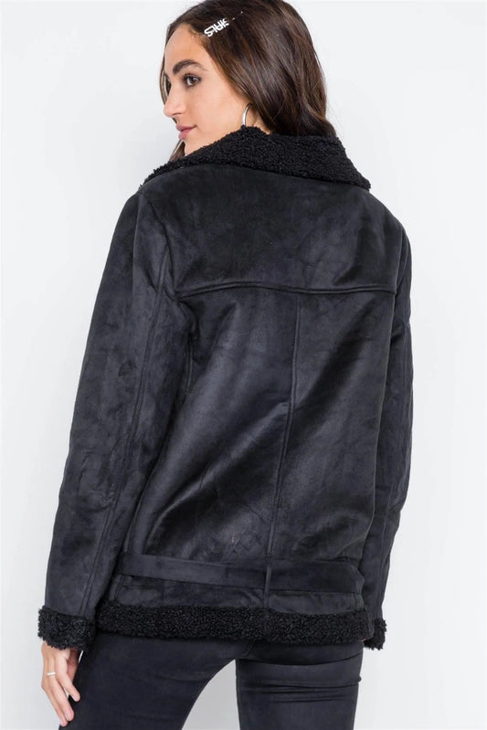 Black Faux Fur Moto Zip-Front Jacket /2-2-2