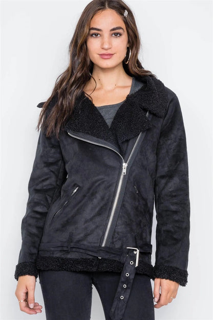 Black Faux Fur Moto Zip-Front Jacket /2-2-2