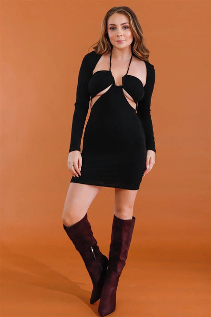 Black Cut-Out Open Front Long Sleeves Mini Dress