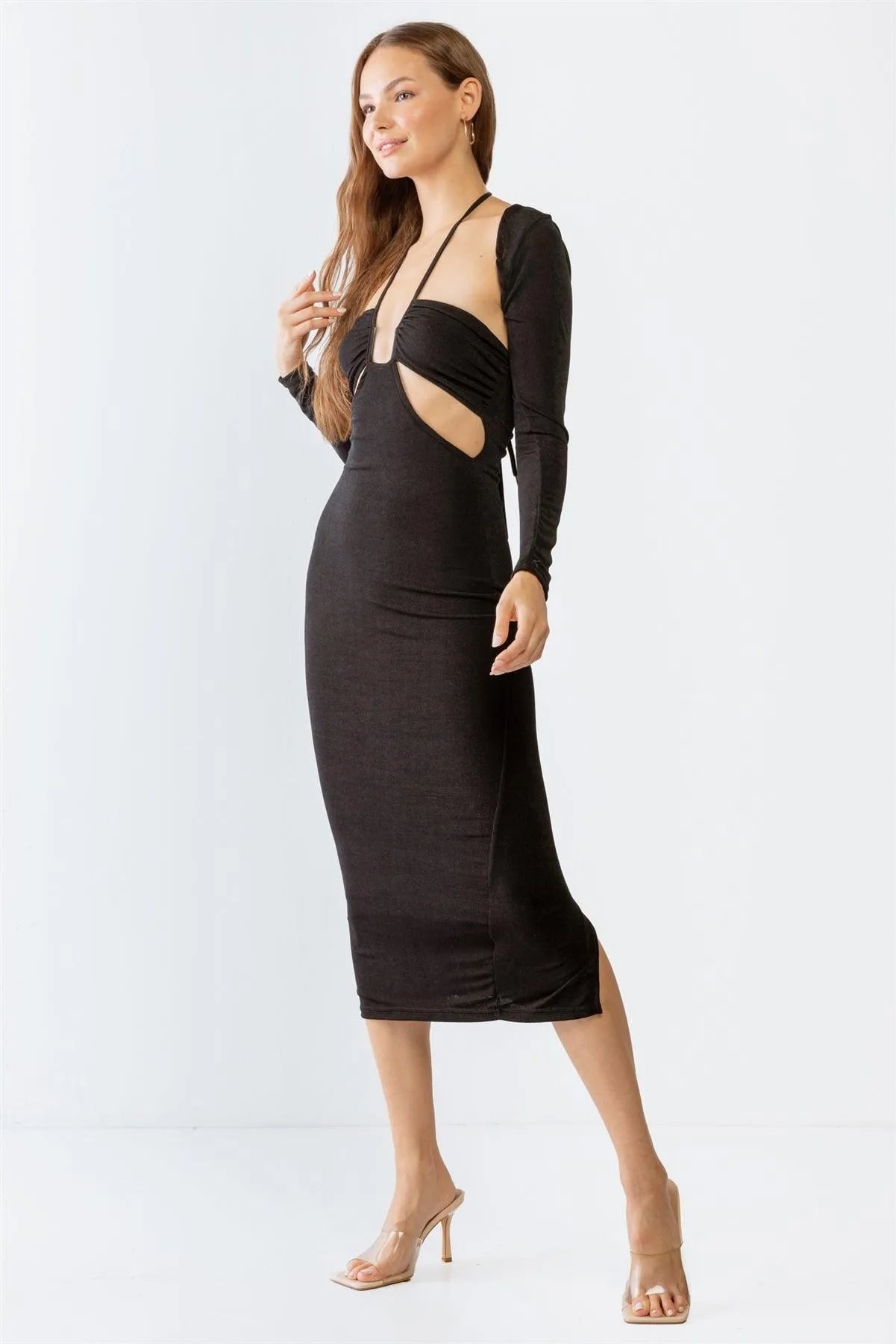 Black Cut-Out Midi Dress & Open Front Long Sleeve Cover-Up Set /3-2-2