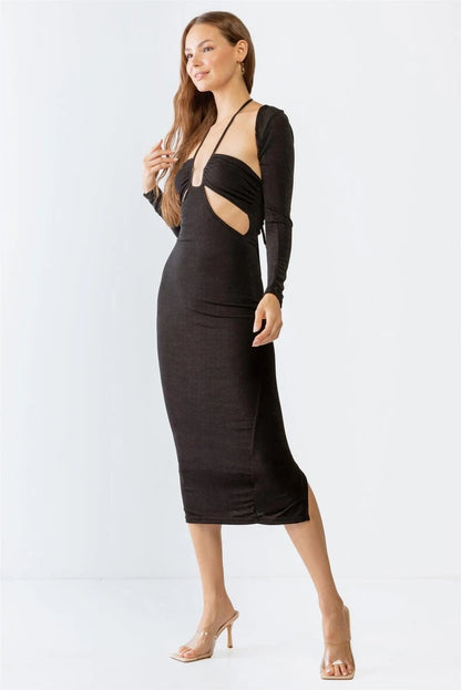 Black Cut-Out Midi Dress & Open Front Long Sleeve Cover-Up Set /3-2-2