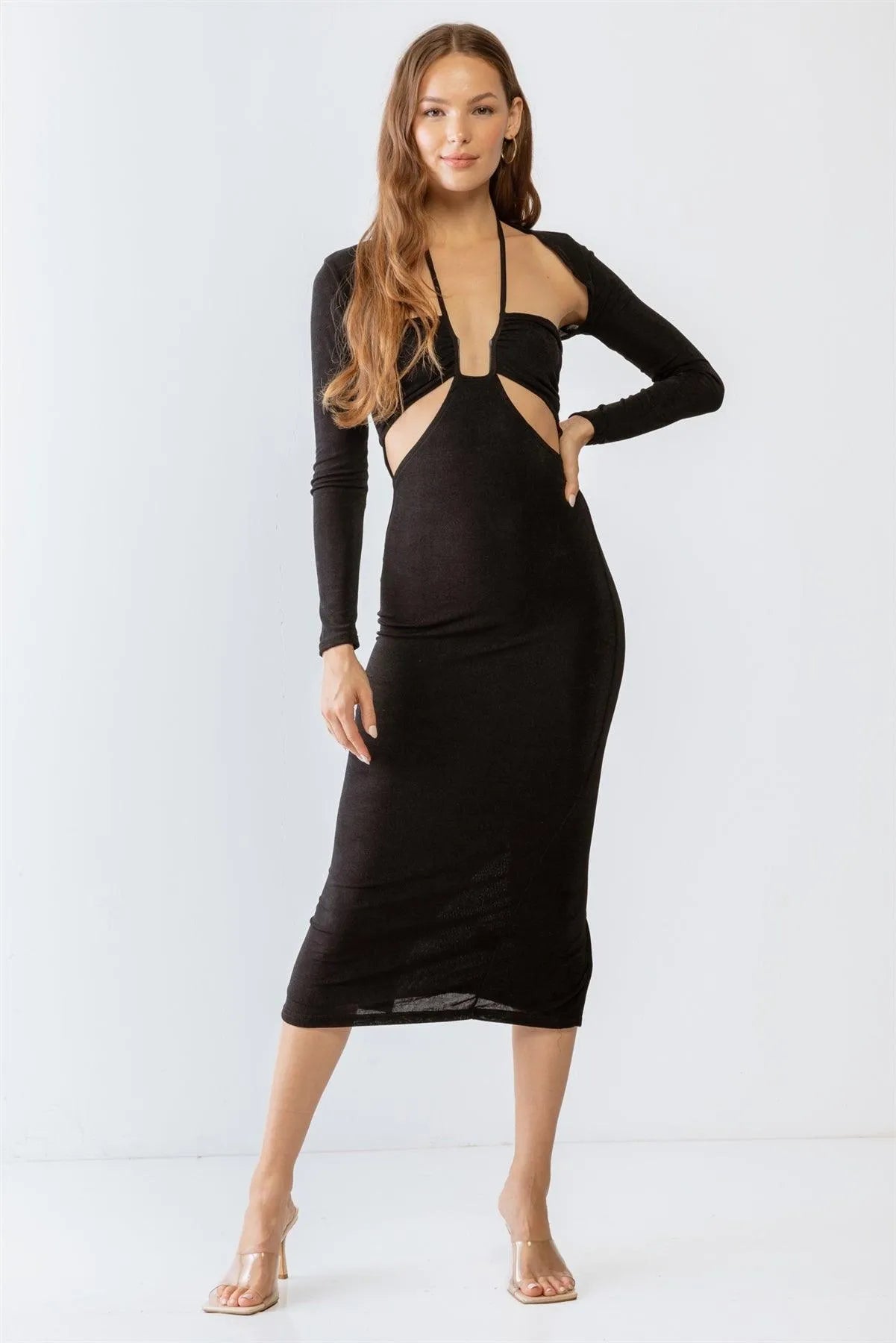 Black Cut-Out Midi Dress & Open Front Long Sleeve Cover-Up Set /3-2-2