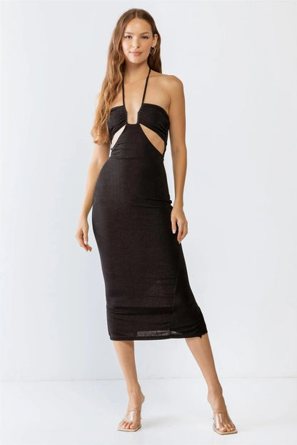 Black Cut-Out Midi Dress & Open Front Long Sleeve Cover-Up Set /3-2-2