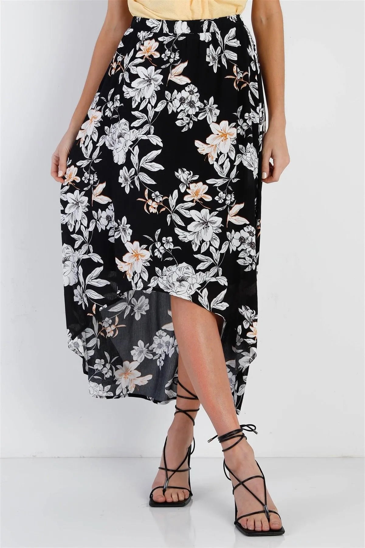 Black Floral Flowy Midi Skirt /1-2-2-1