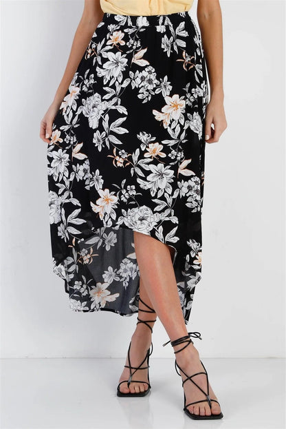 Black Floral Flowy Midi Skirt /1-2-2-1