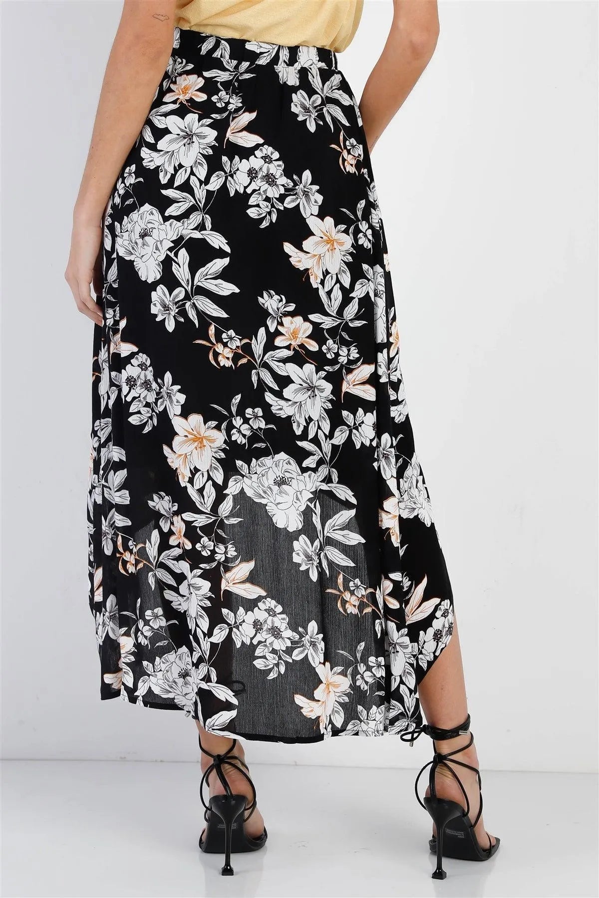 Black Floral Flowy Midi Skirt /1-2-2-1