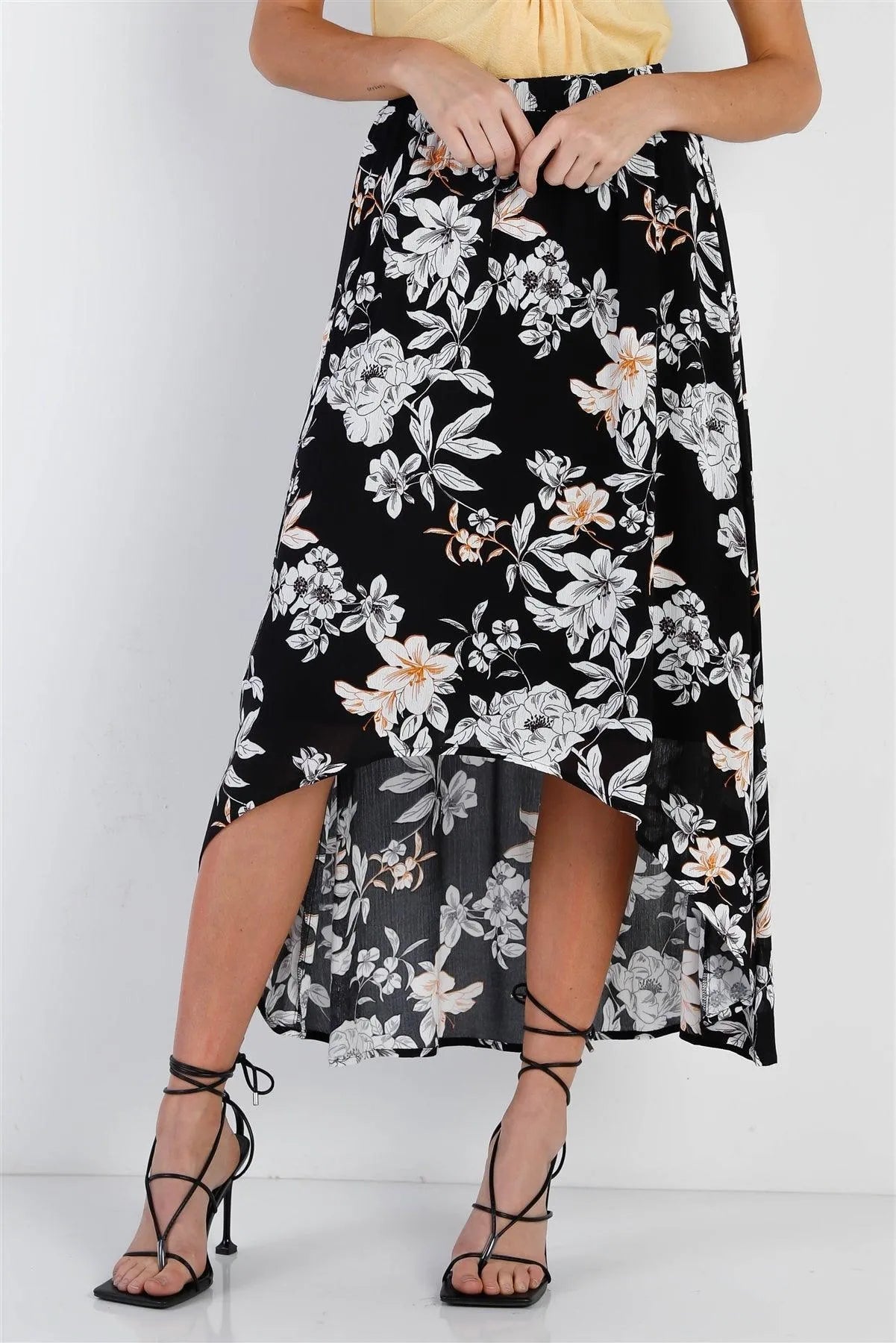 Black Floral Flowy Midi Skirt /1-1-2-1-1