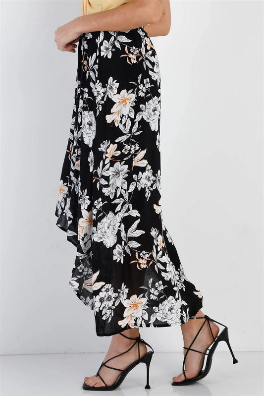 Black Floral Flowy Midi Skirt /1-1-2-1-1