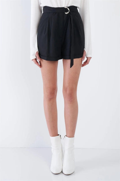Black High Waist Tie Sash Pleated Cuffed Hem Mini Shorts /3-2-1