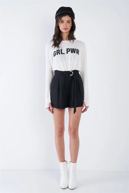 Black High Waist Tie Sash Pleated Cuffed Hem Mini Shorts /4-2-1