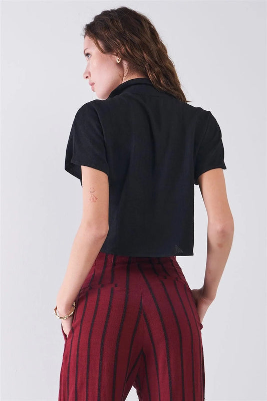 Black Collared Short Sleeve Self-Tie Front Cropped Top /3-2-1