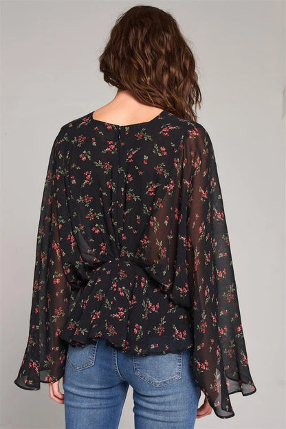 Black Floral Print V-Neck Angel Sleeve Gathered Waist Detail Blouse /3-2-1