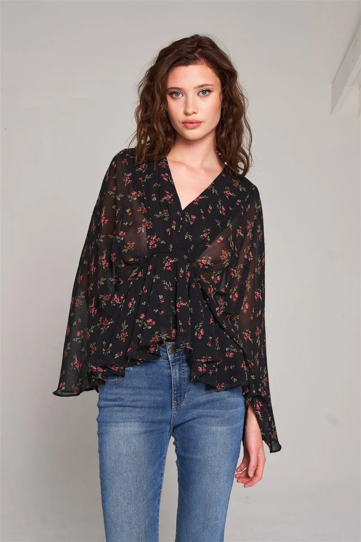 Black Floral Print V-Neck Angel Sleeve Gathered Waist Detail Blouse /3-2-1