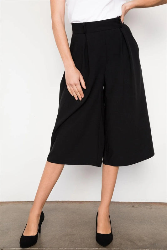 Black Cropped Wide Leg High Waist Pants / 2-2-2