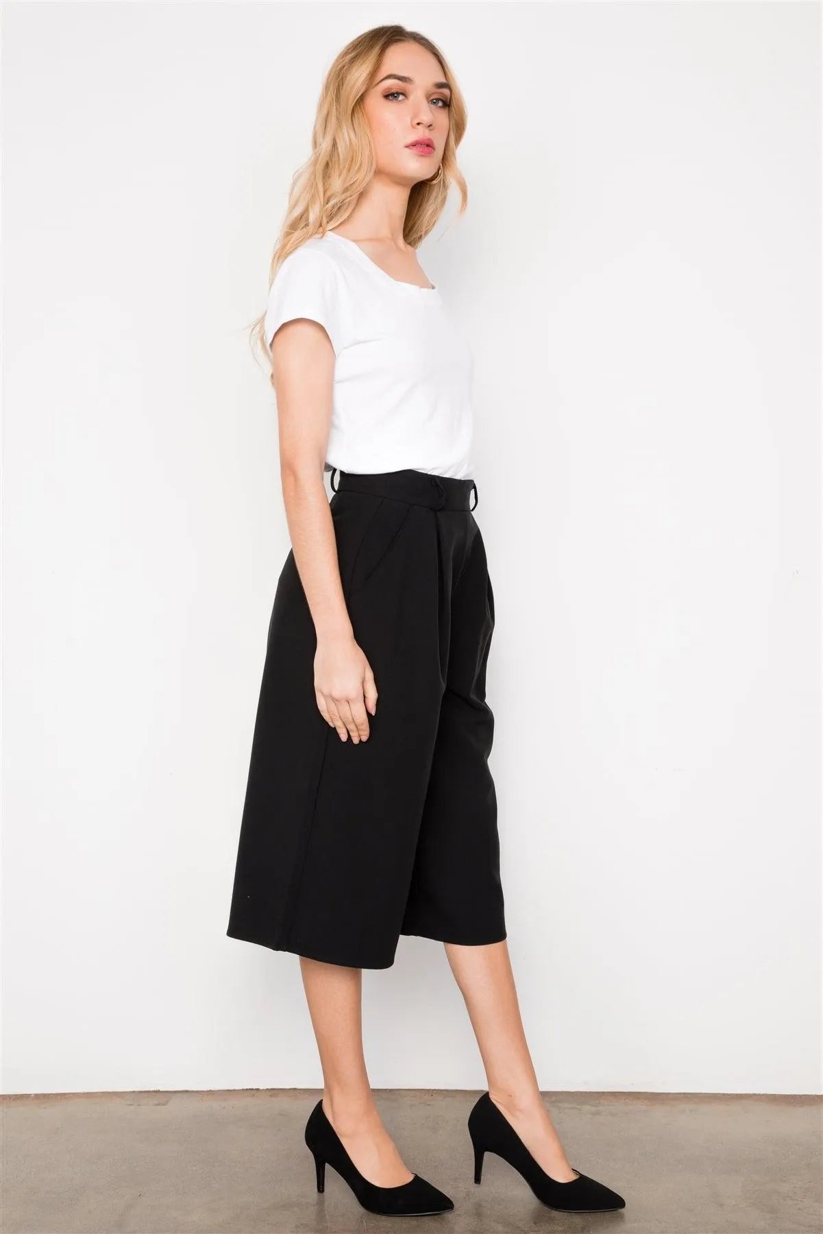 Black Cropped Wide Leg High Waist Pants / 2-2-2