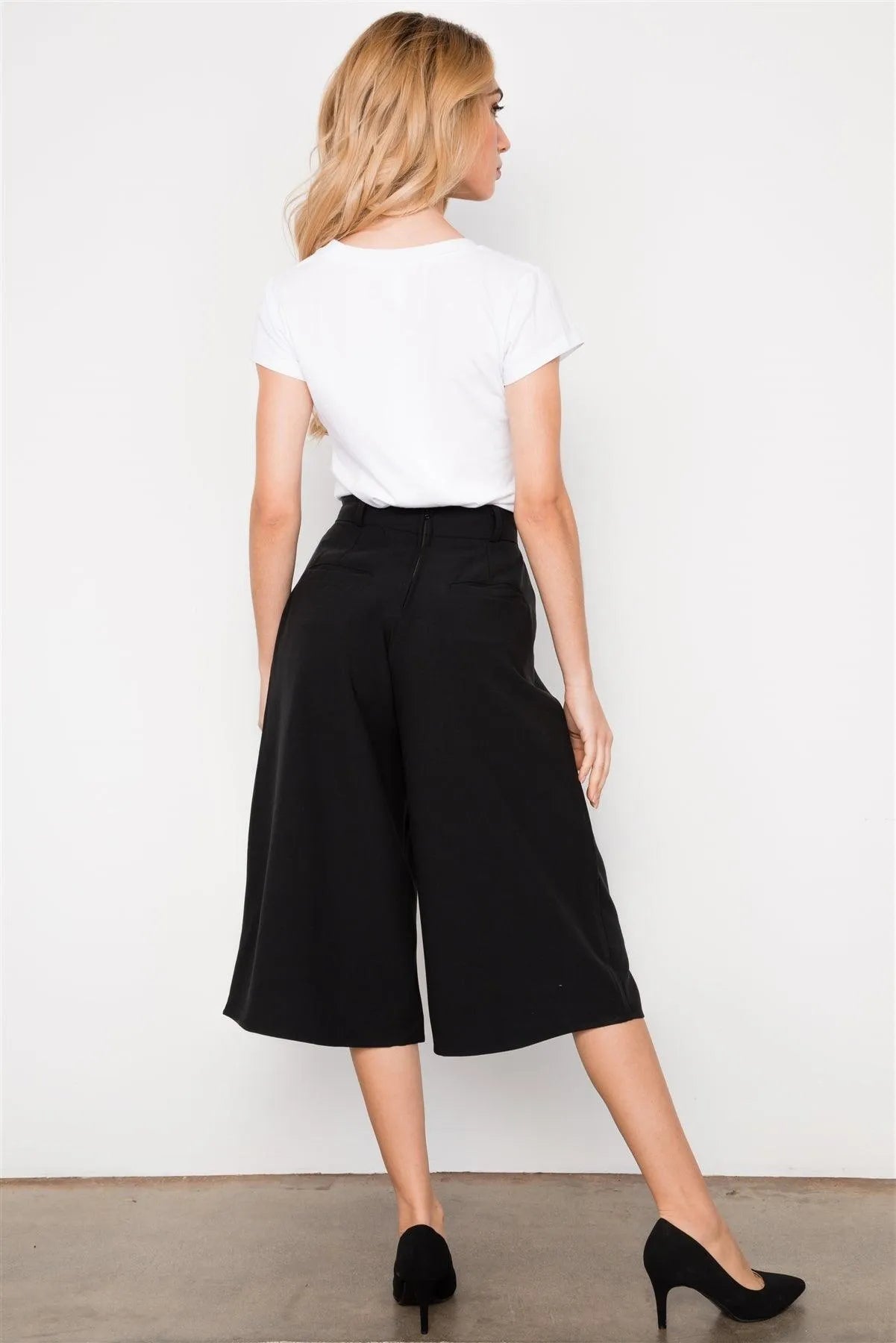 Black Cropped Wide Leg High Waist Pants / 2-2-2