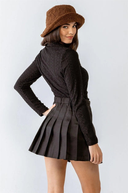 Black Cable Print Zip-Up Mock Neck Long Sleeve Bodysuit /1-2-2-1