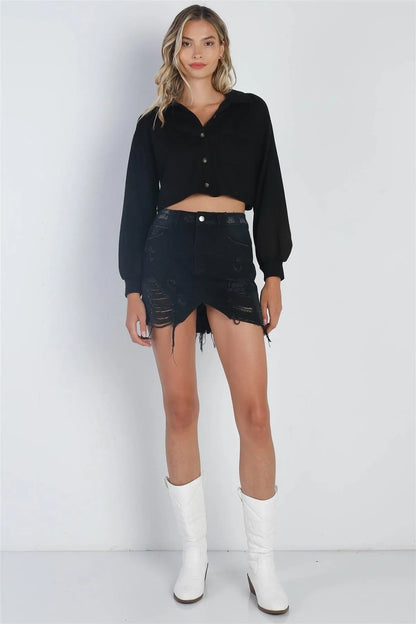 Black Button Up Collared Long Sleeve Crop Top /4-2