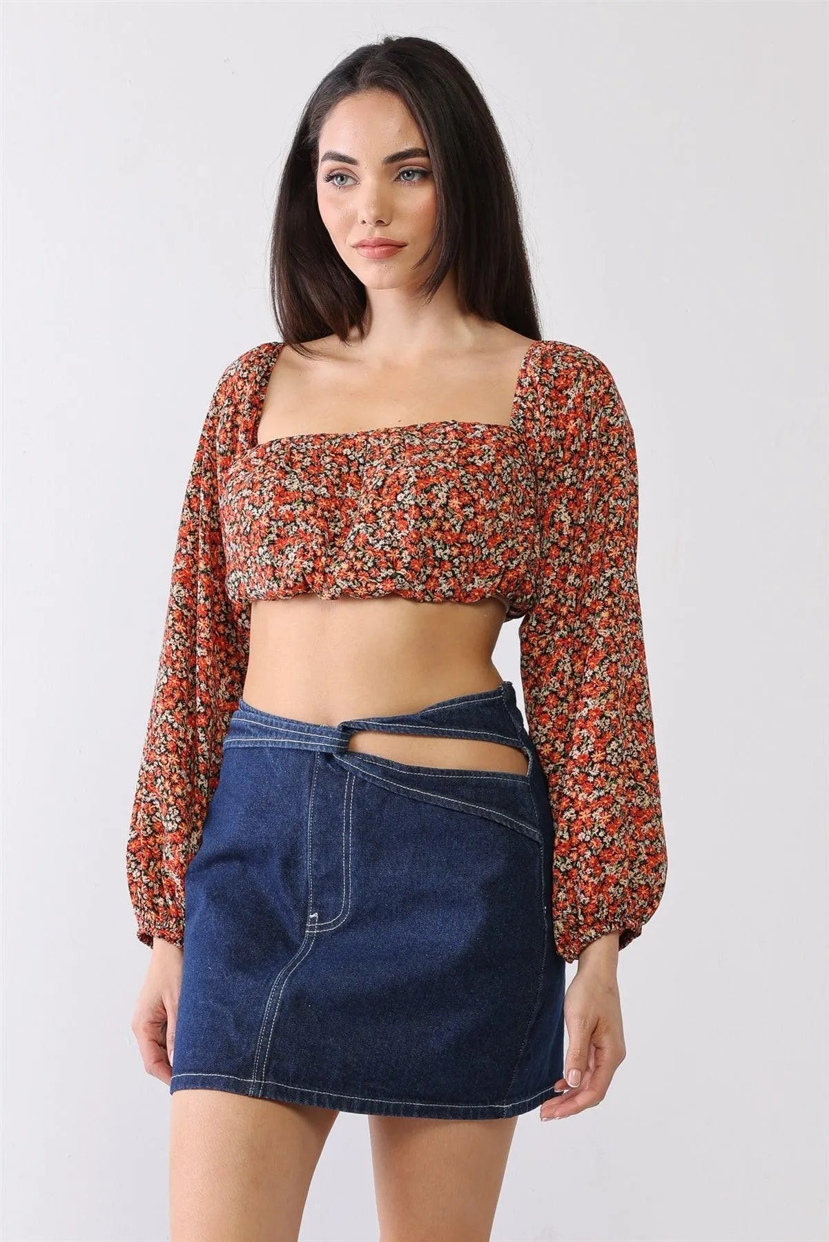 Black & Red & Ditsy Floral Ruched Square Neck Puff Balloon Long Sleeve Crop Top /1-2-2-1