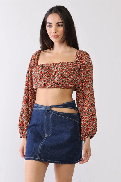 Black & Red & Ditsy Floral Ruched Square Neck Puff Balloon Long Sleeve Crop Top /1-2-2-1