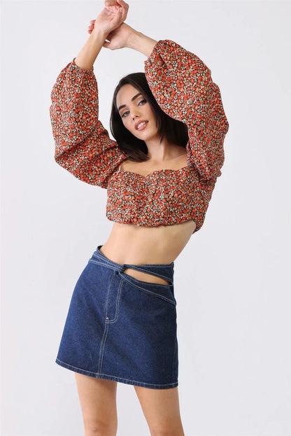 Black & Red & Ditsy Floral Ruched Square Neck Puff Balloon Long Sleeve Crop Top /1-2-2-1